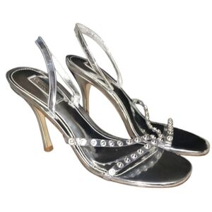 LARROUDE | Swarovski Embellished Metallic Silver Strappy Sandals US 8